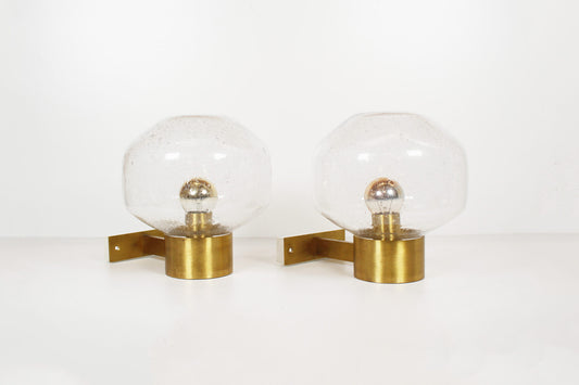 Pair of brass and mouth blown glass wall lights attr. to Doria