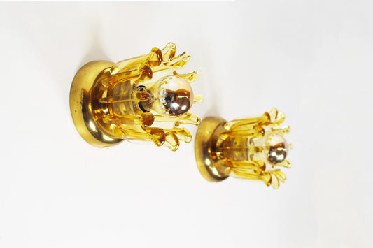 Pair brass & amber glass wall lights by Leclaire & Shaffer