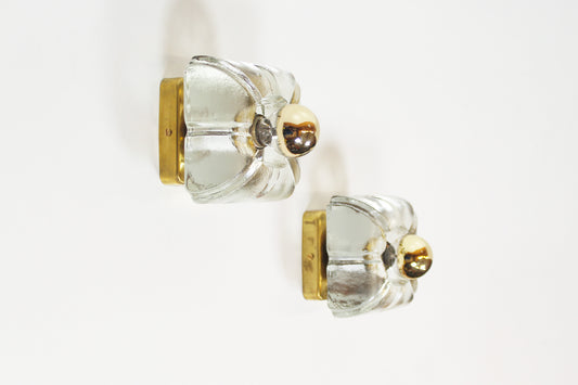 Pair of ice glass and brass wall lamps by Sische (3 pairs available)
