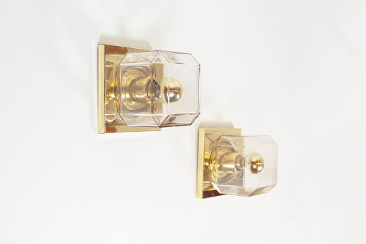 Pair of glass and brass wall lamps by Glashutte Limburg