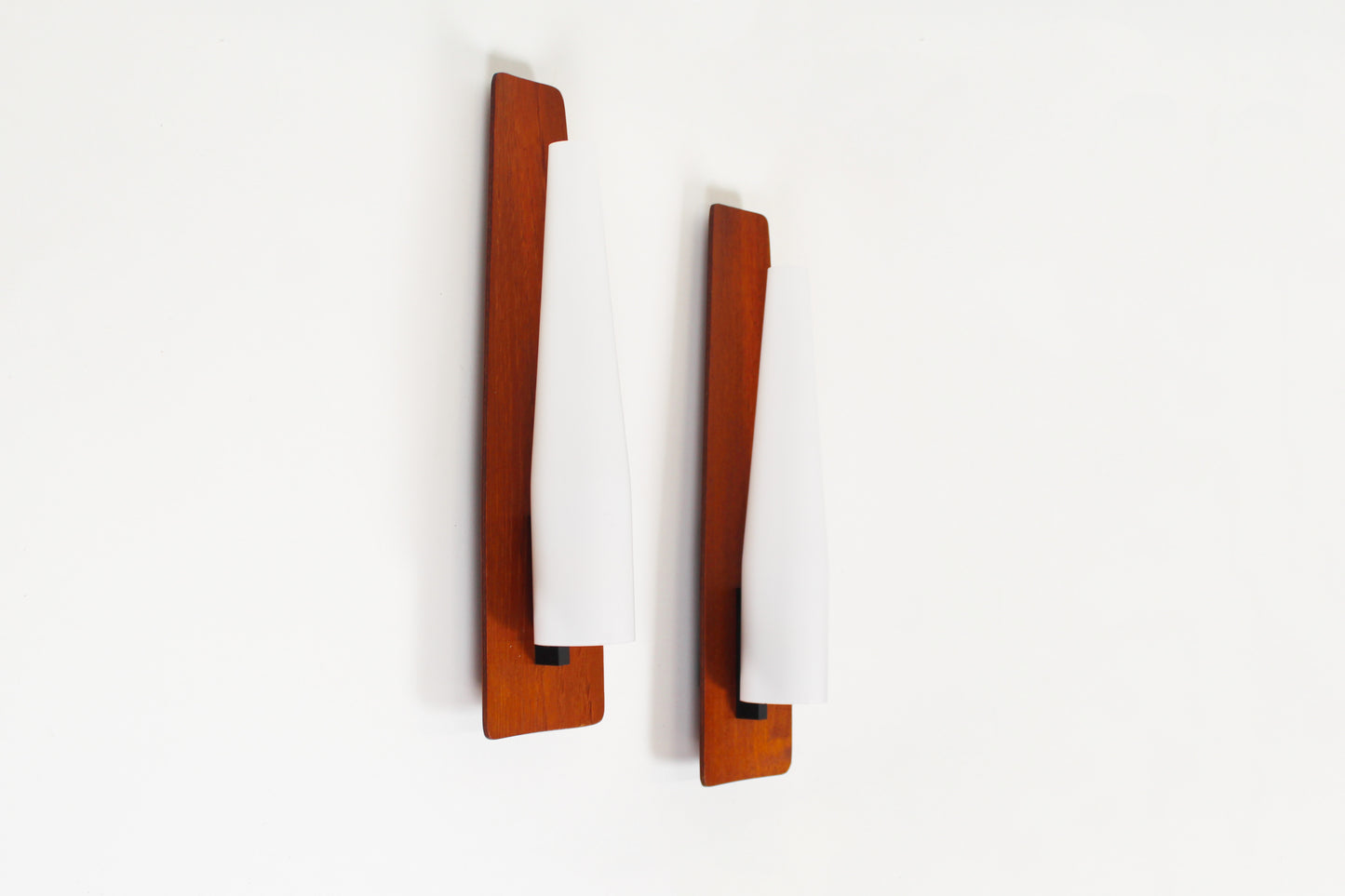 Rare set of wall lamps in teak and opaline glass by Kaiser Leuchten