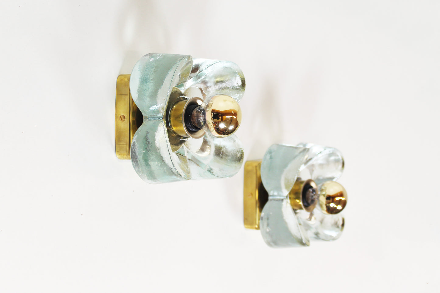 Pair of 1970s brass and glass wall lamps by Sische (3 pairs available)