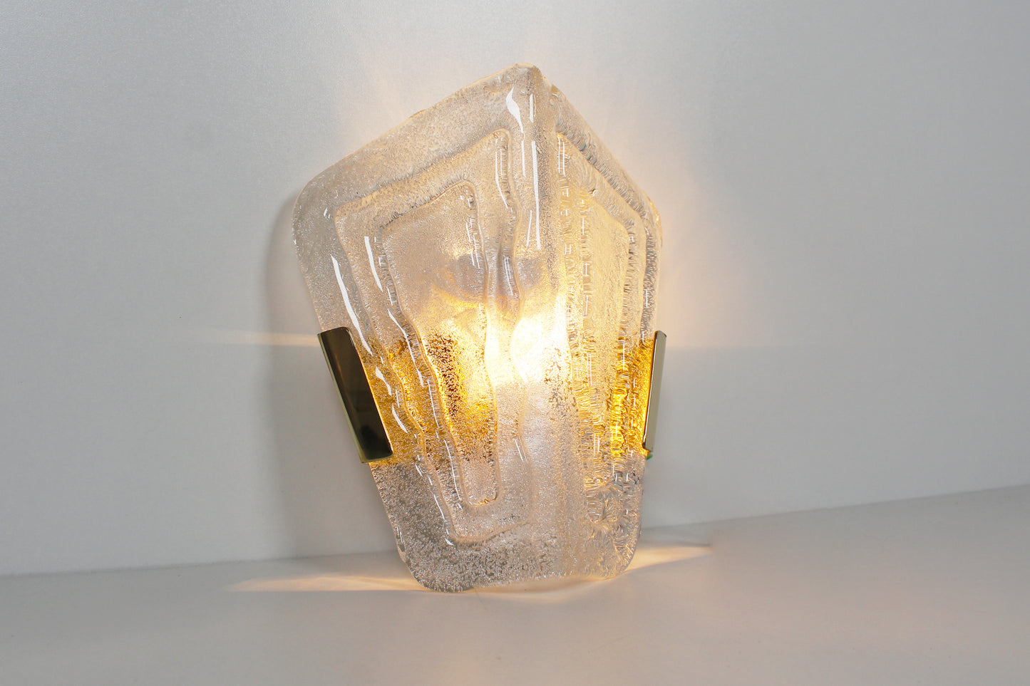 Pair of 1970s ice glass and brass wall lamps by Hillebrand