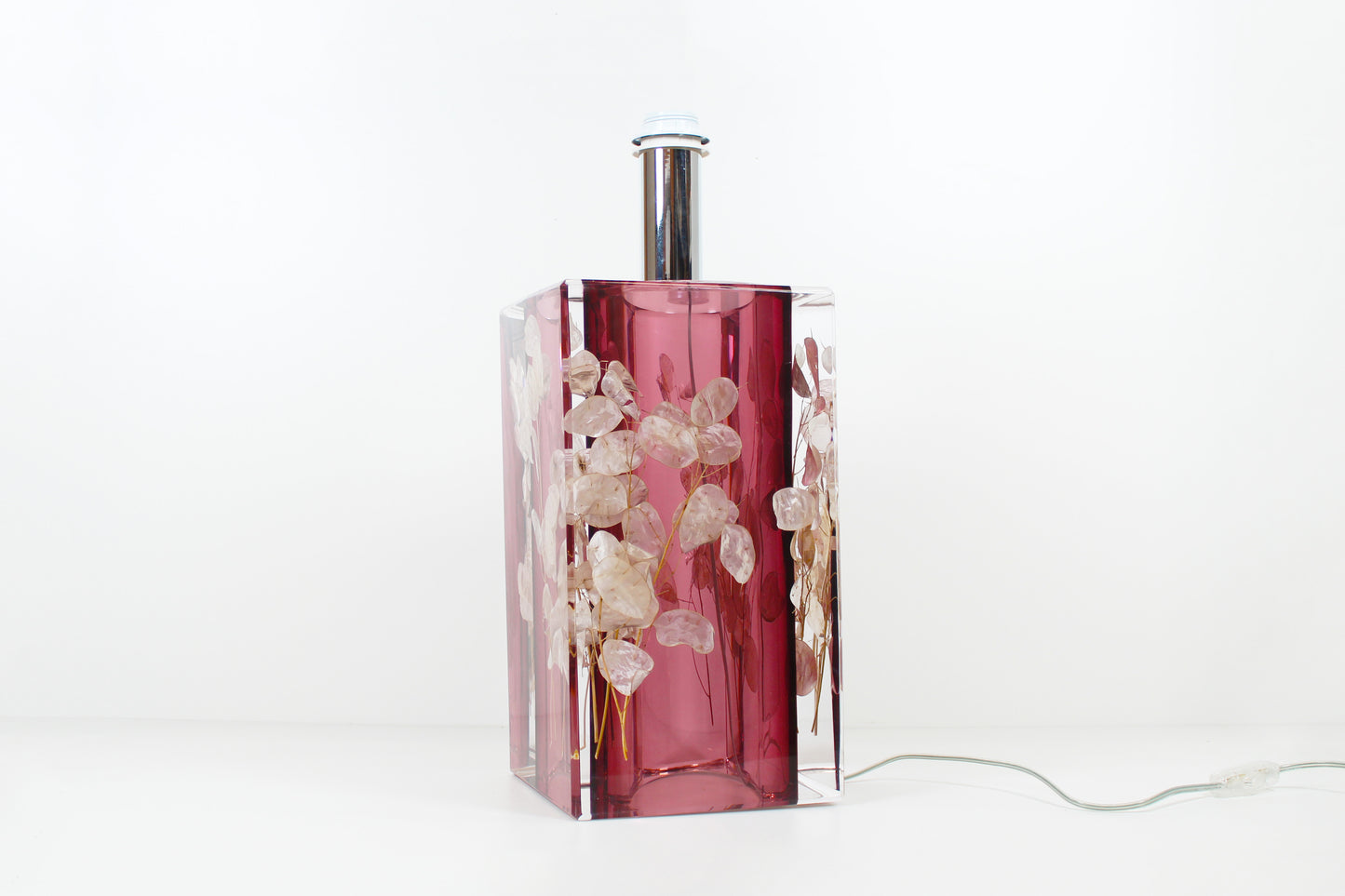 Large Italian lucite table lamp with flowers by Romeo Rega
