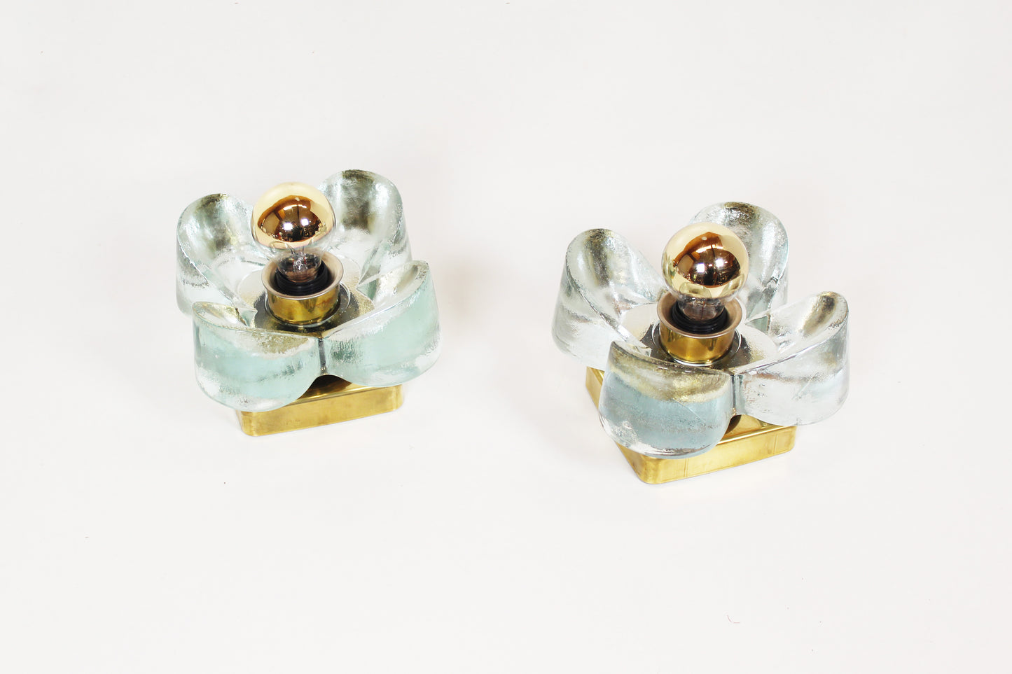 Pair of 1970s brass and glass wall lamps by Sische (3 pairs available)