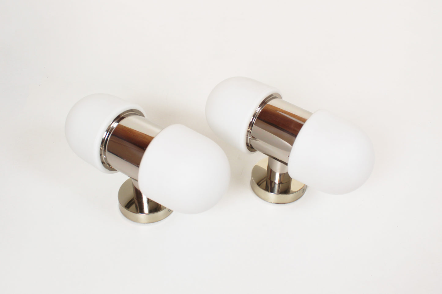 Set of vintage chrome and opaline glass wall lamps by Rolf Kruger