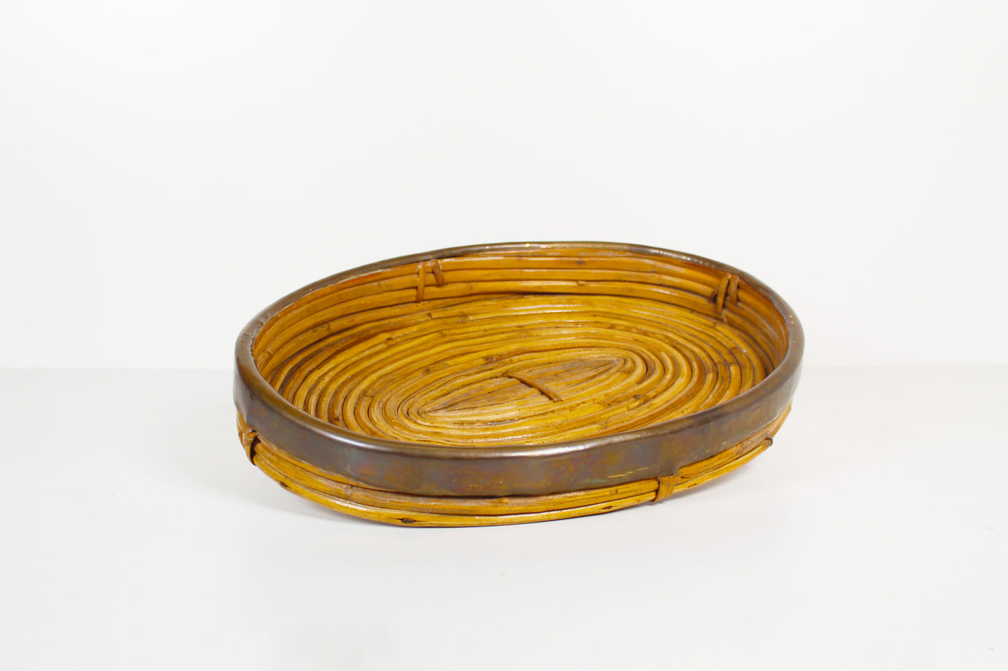 1970s rattan and brass basket by Gabriella Crespi