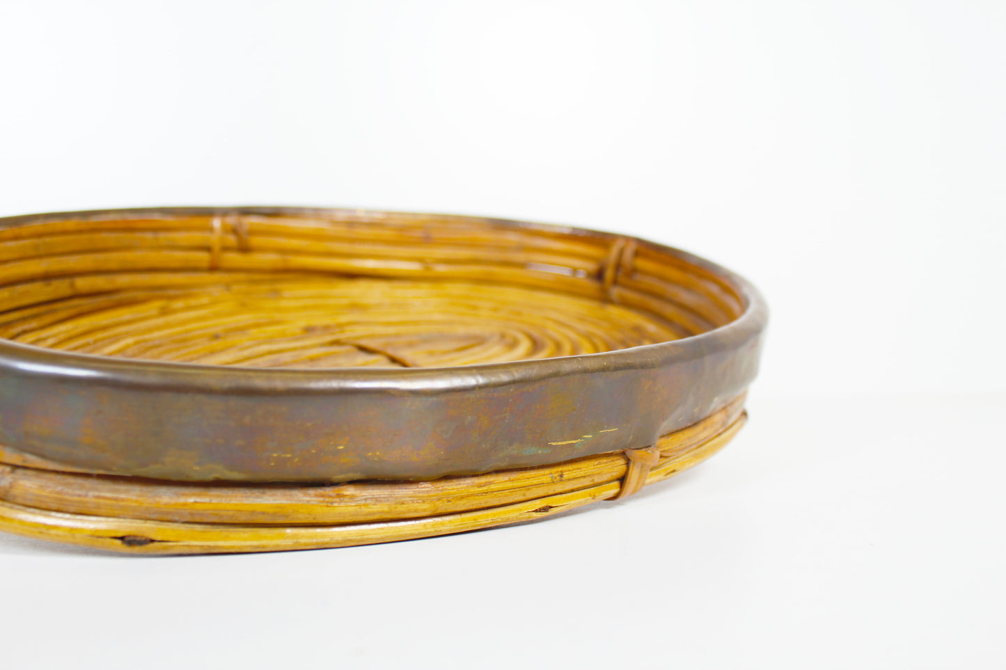 1970s rattan and brass basket by Gabriella Crespi