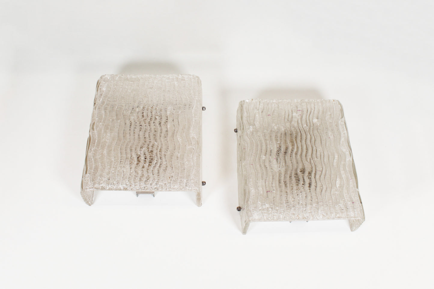XL Pair of vintage 70s 'ice glass' wall lamps by Kaiser Leuchten