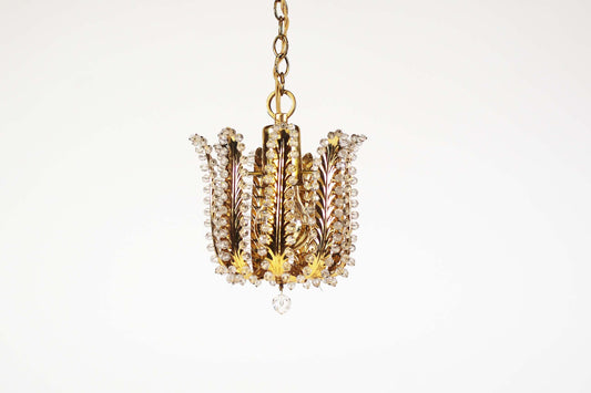 Hanglamp in verguld messing en kristal door Palwa