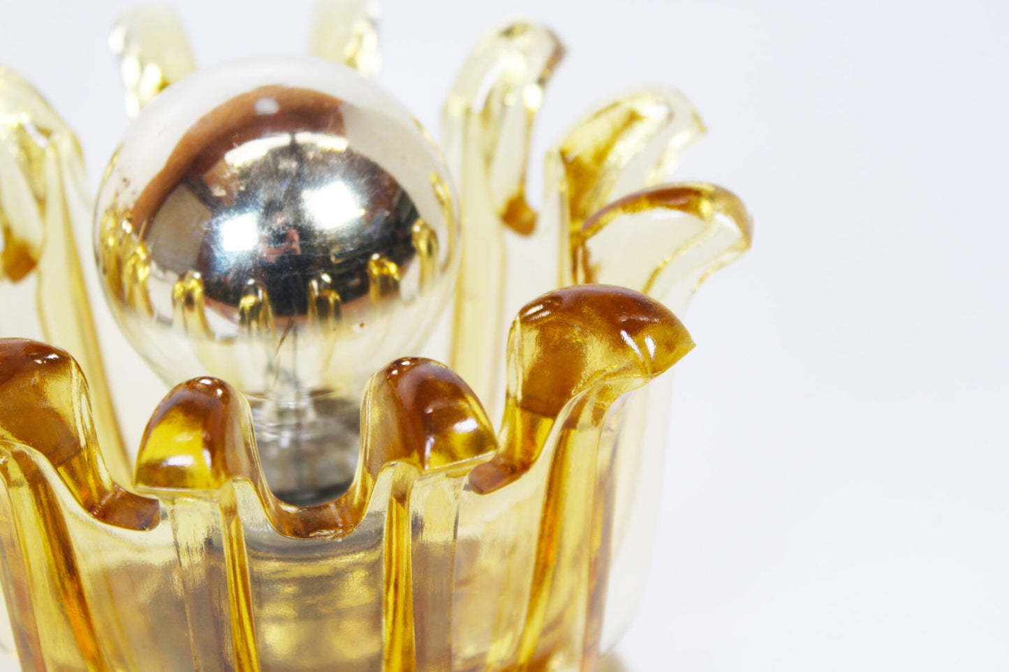 Pair brass & amber glass wall lights by Leclaire & Shaffer