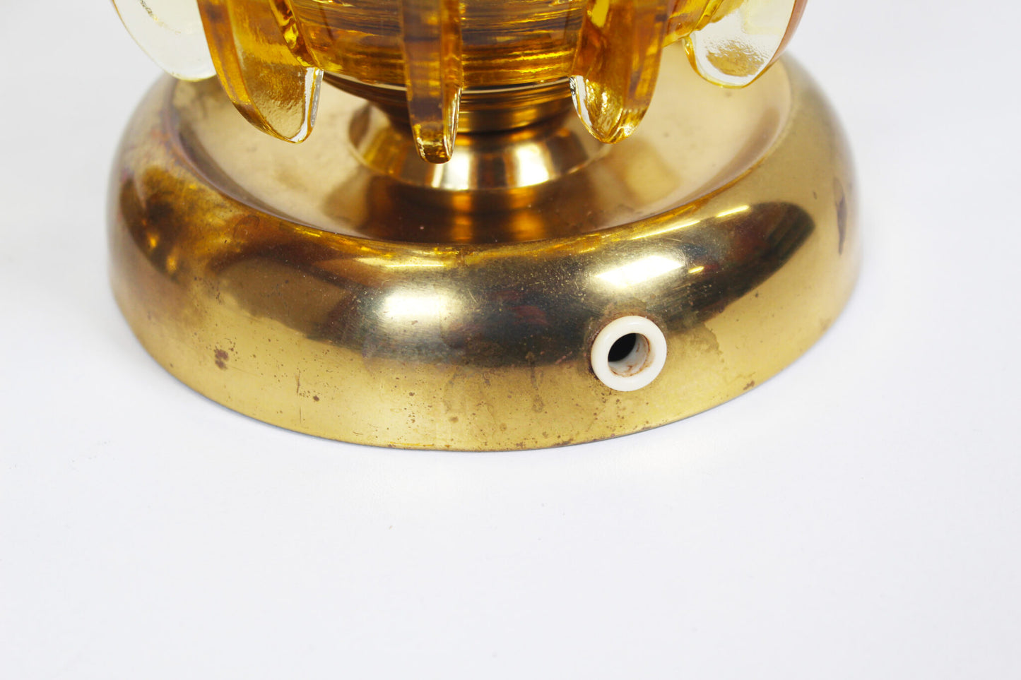 Pair brass & amber glass wall lights by Leclaire & Shaffer