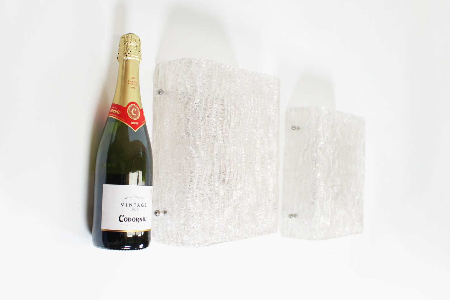 XL Pair of vintage 70s 'ice glass' wall lamps by Kaiser Leuchten
