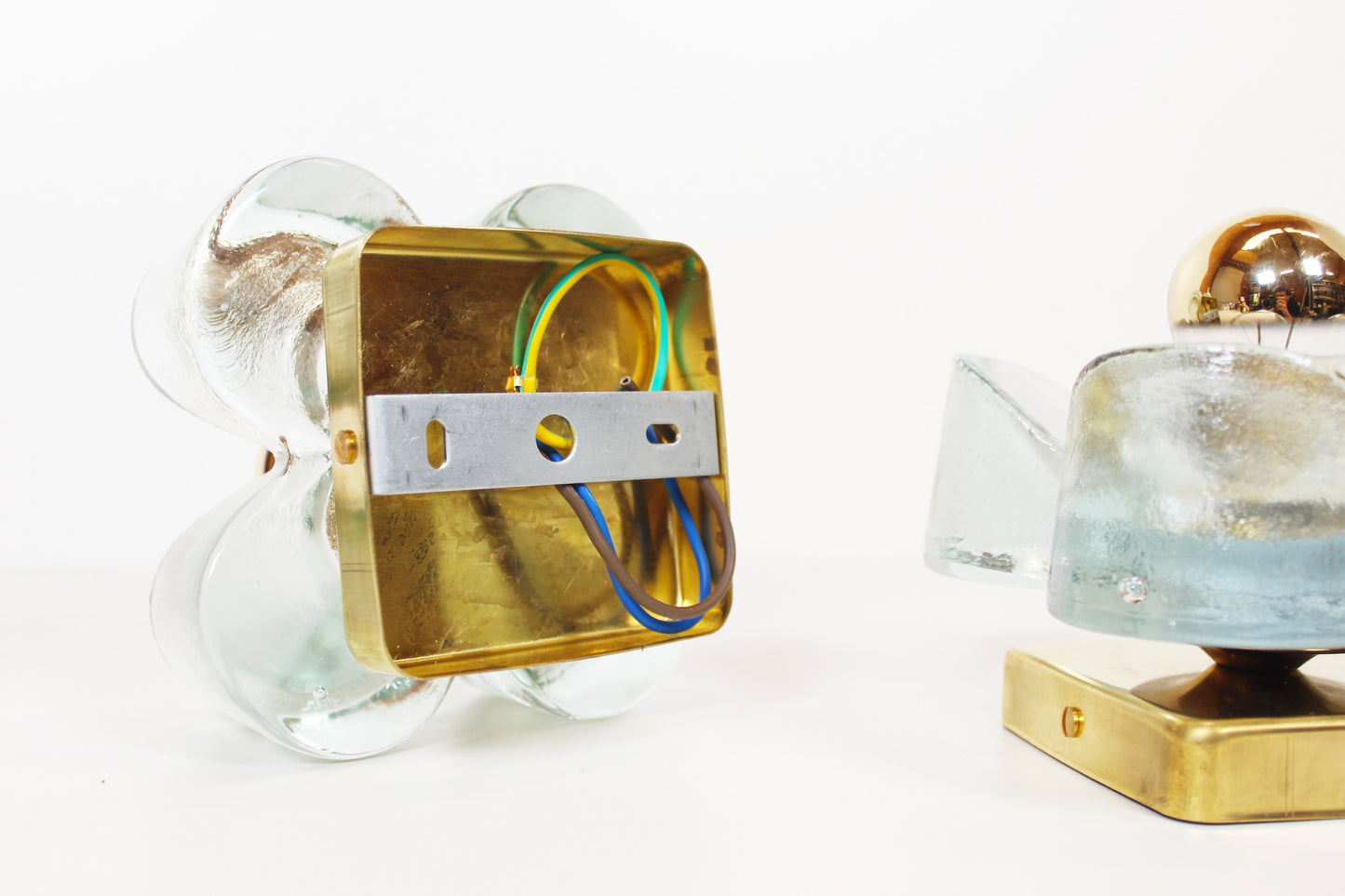 Pair of 1970s brass and glass wall lamps by Sische (3 pairs available)