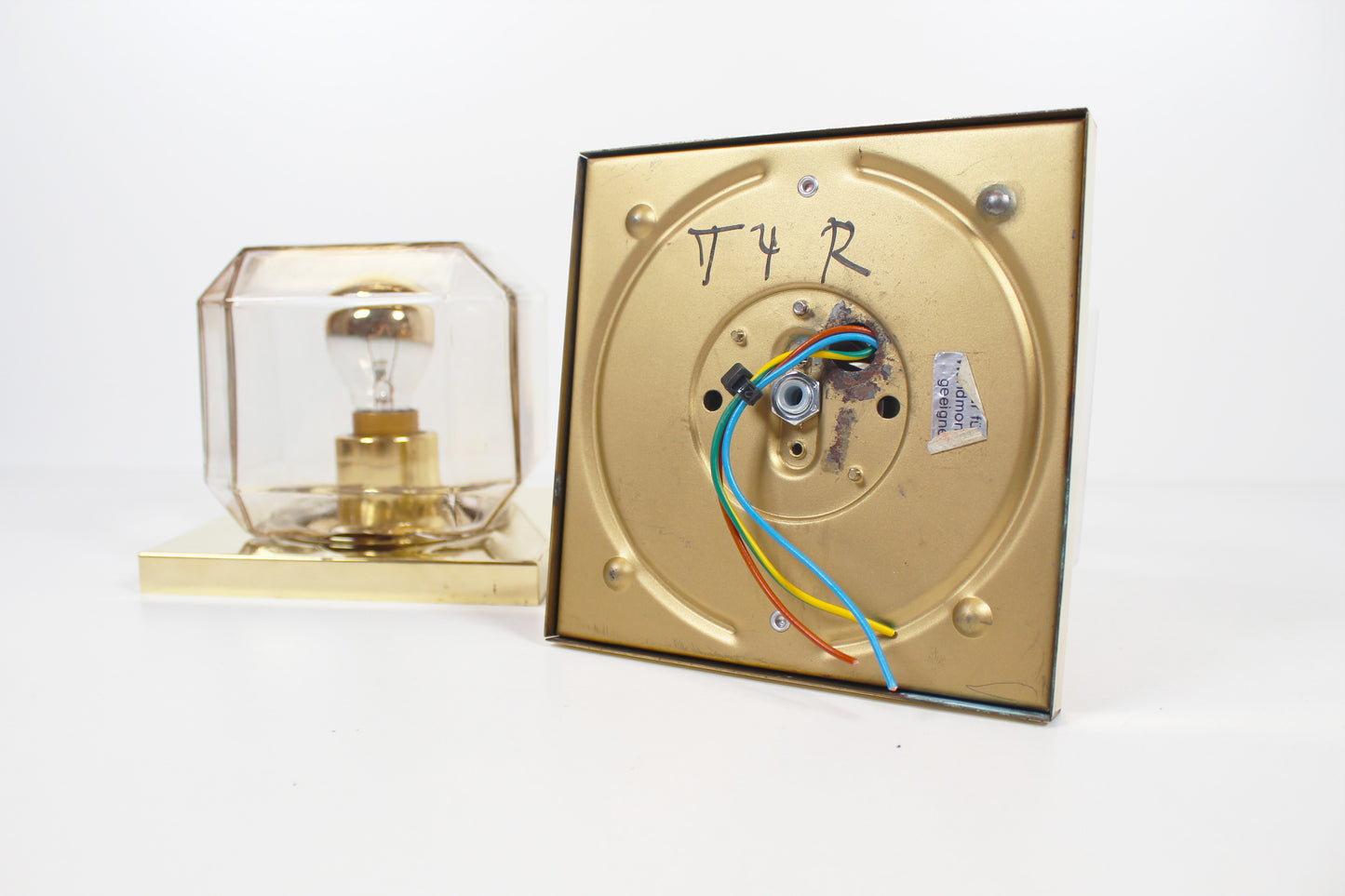 Pair of glass and brass wall lamps by Glashutte Limburg