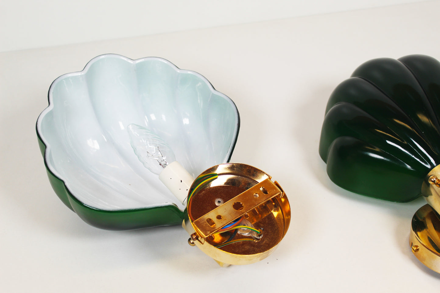 Pair of Italian 1970s wall lamps in Murano glass and brass