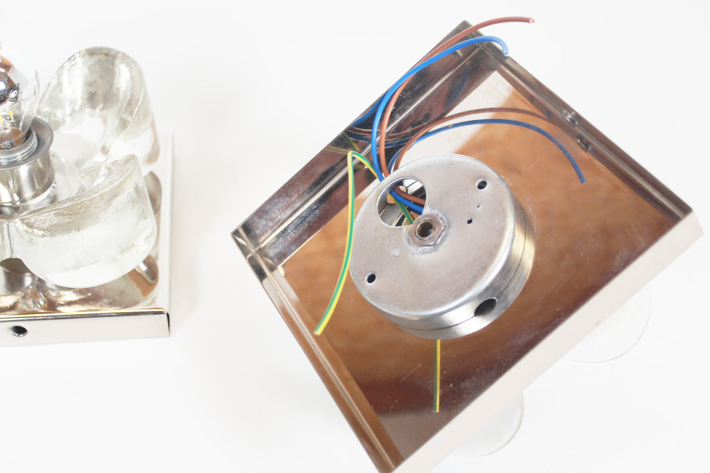 Pair of 1970's polished and glass wall lights by Sische