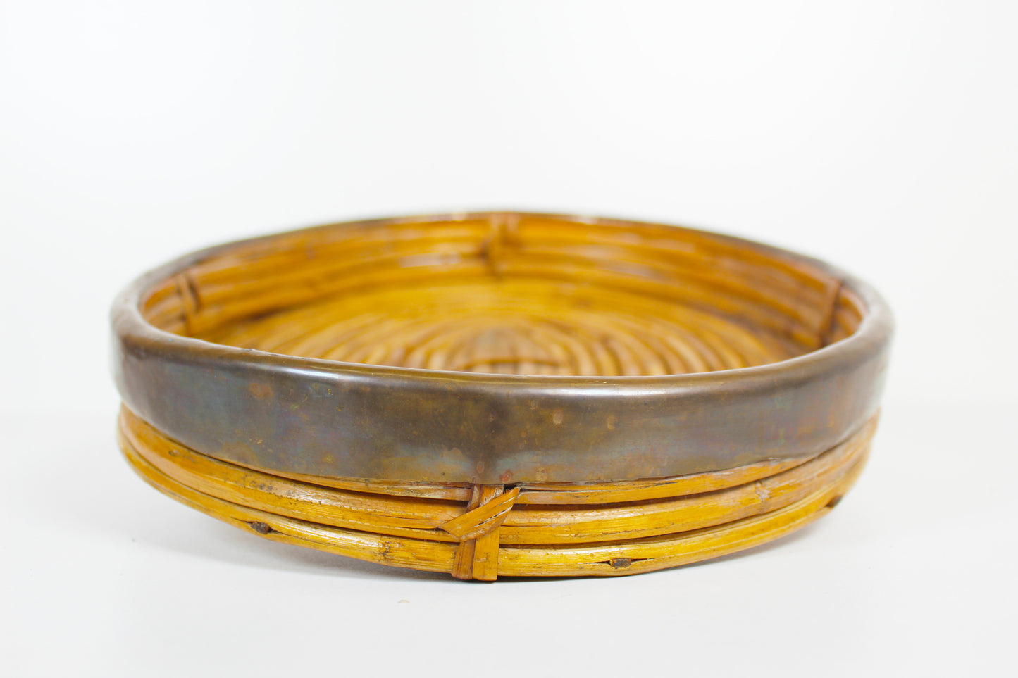 1970s rattan and brass basket by Gabriella Crespi
