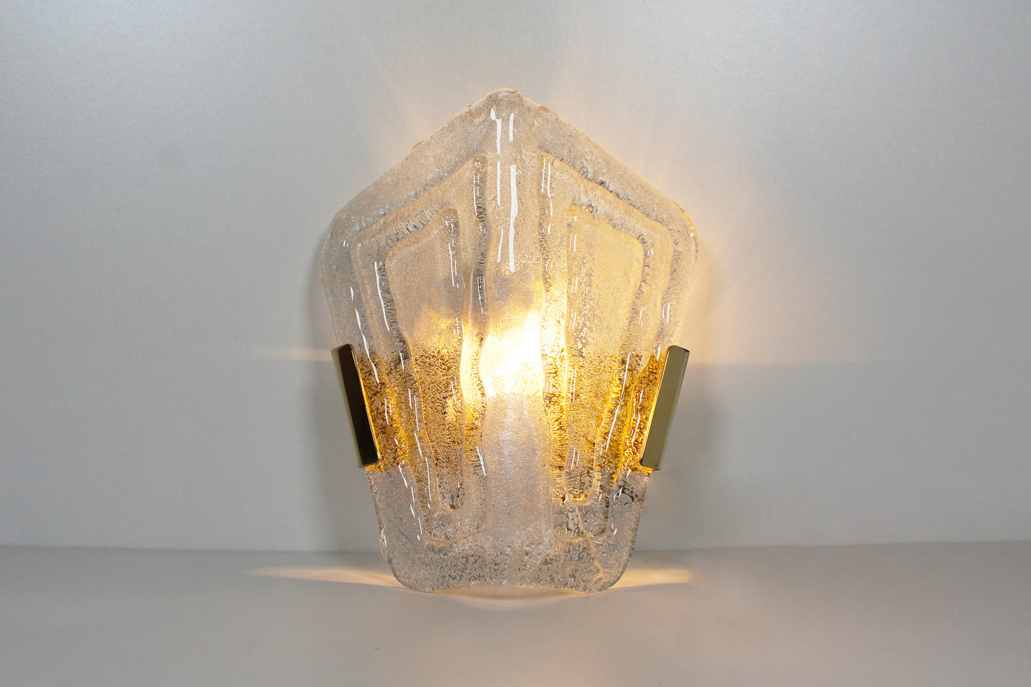 Pair of 1970s ice glass and brass wall lamps by Hillebrand