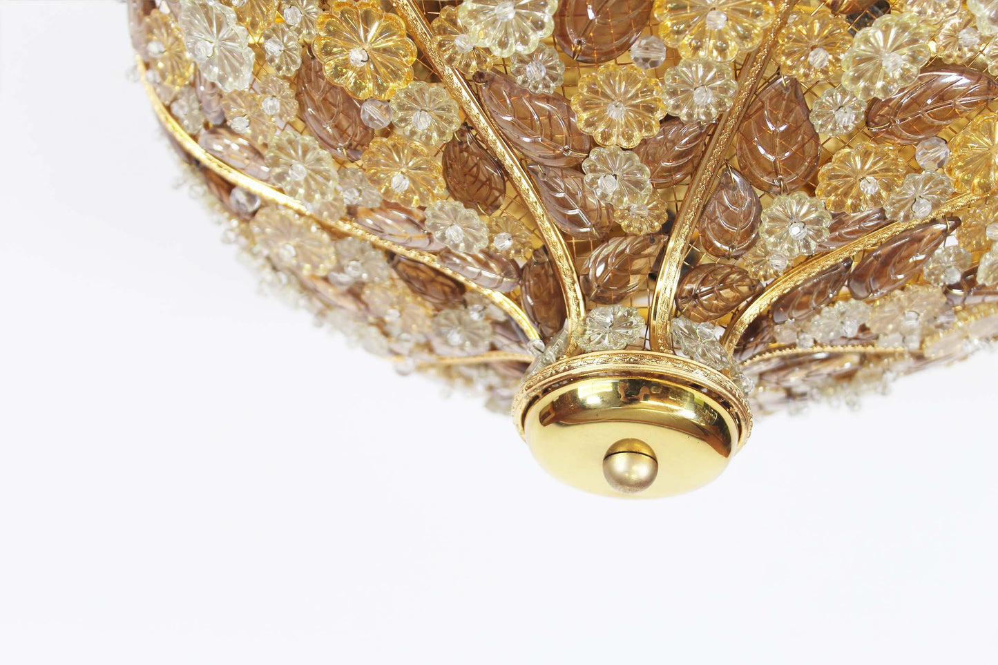 Zeldzame plafondlamp door Palwa in verguld messing en kristal