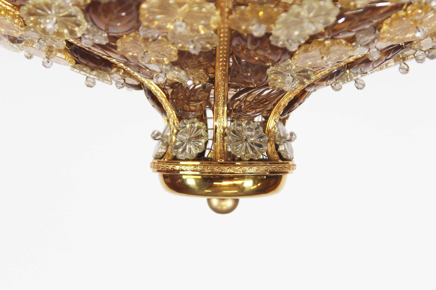 Zeldzame plafondlamp door Palwa in verguld messing en kristal