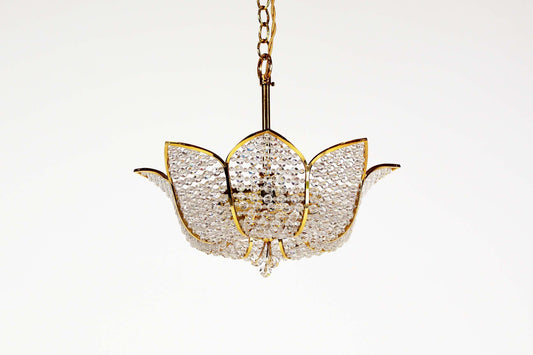 Hanglamp in verguld messing en kristal door Palwa